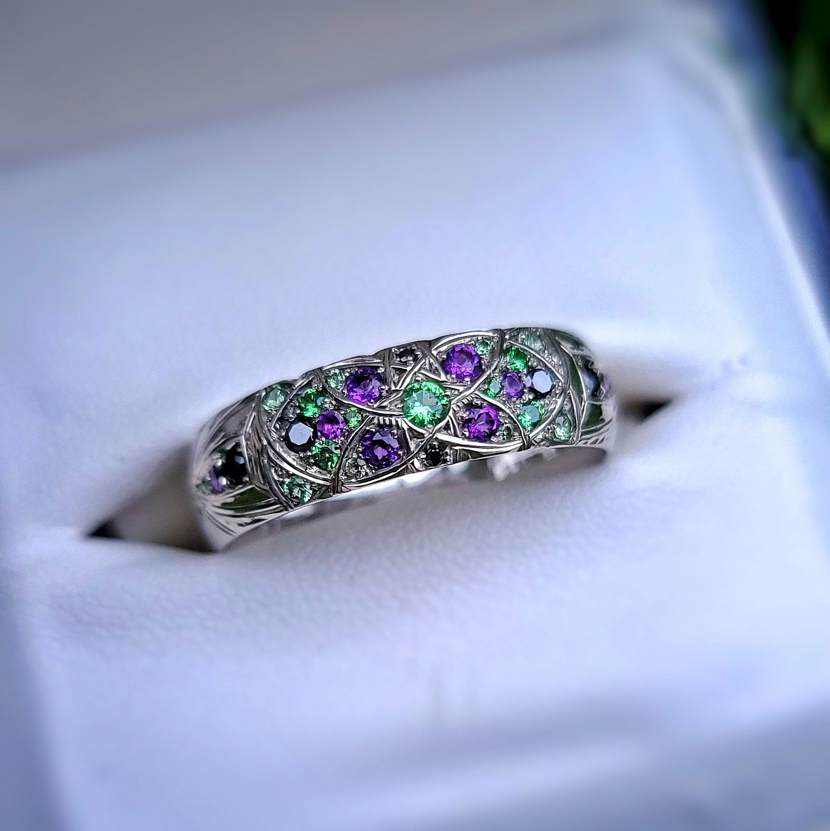 14kt White Gold Mandala Wedding Band with Amethyst and Tsavorite Garnets