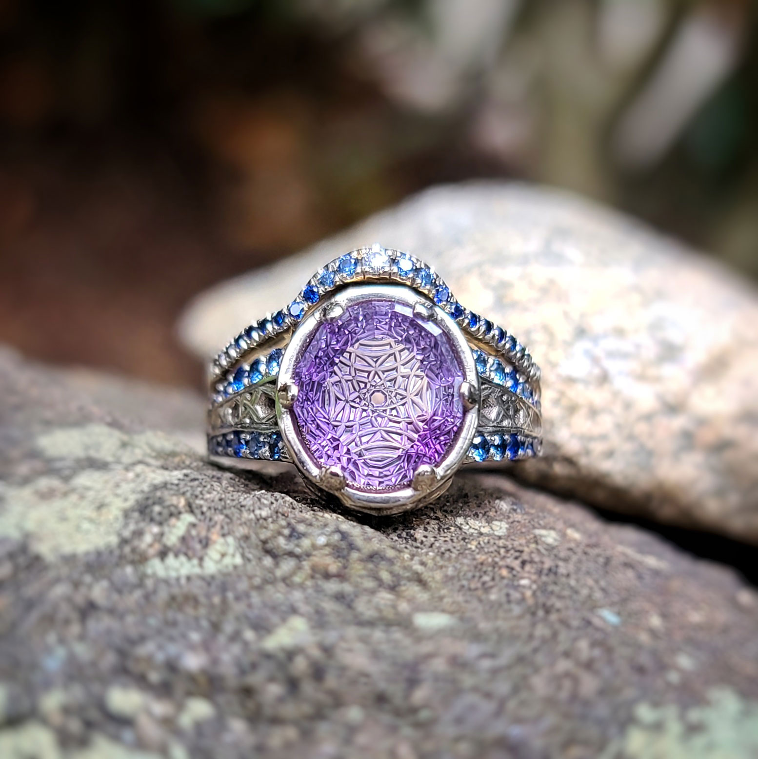 14kt White Gold Wedding Set with Amethyst and Sapphires