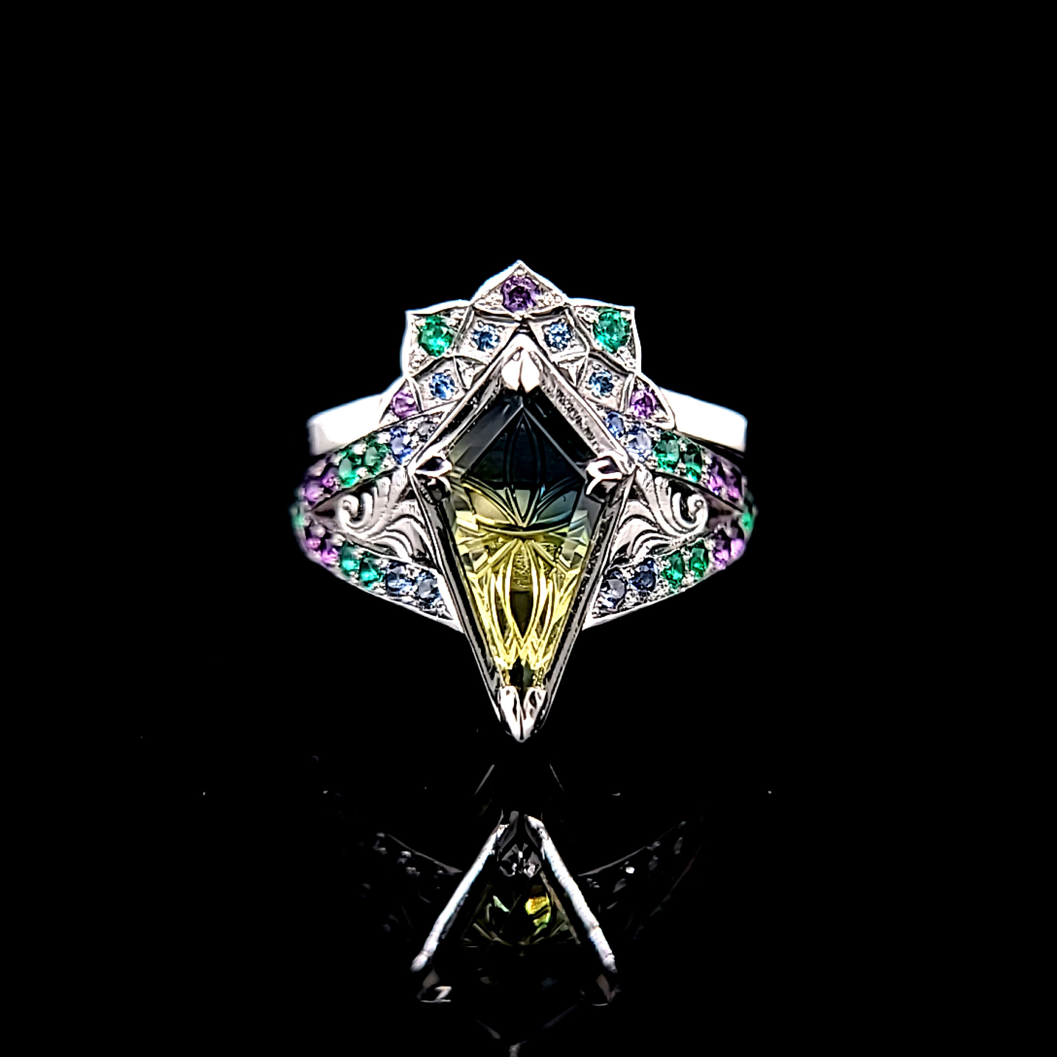 Australian Sapphire with Amethyst Sapphire and Emeralds Ring Set in Platinum