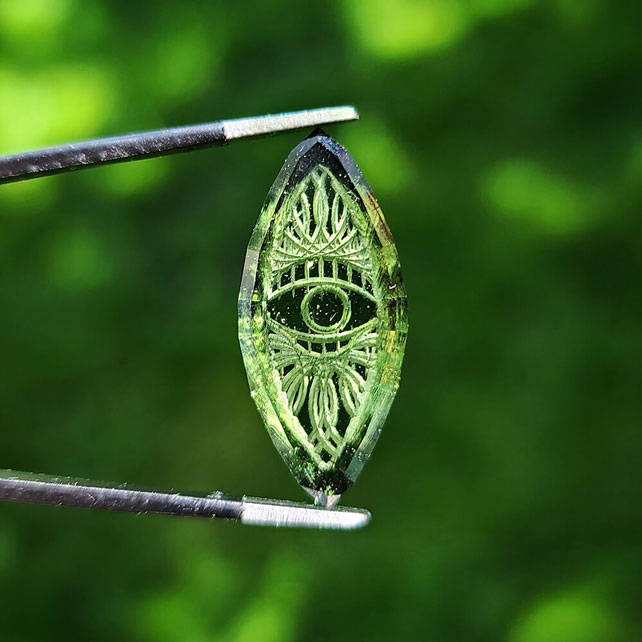 Custom Mandala Eye Marquise Cut Moldavite by Steven Tyler The Designer