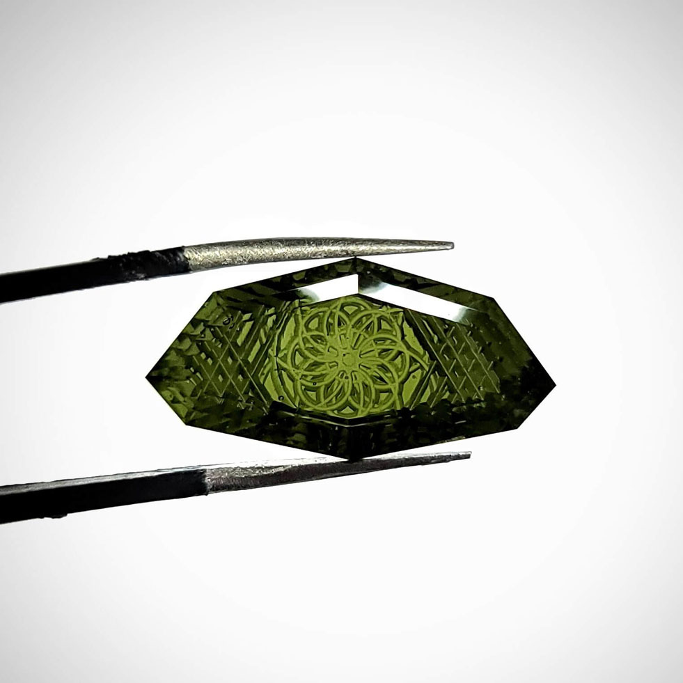 Custom Sacred Geometry Cut Moldavite By Steven Tyler The Designer