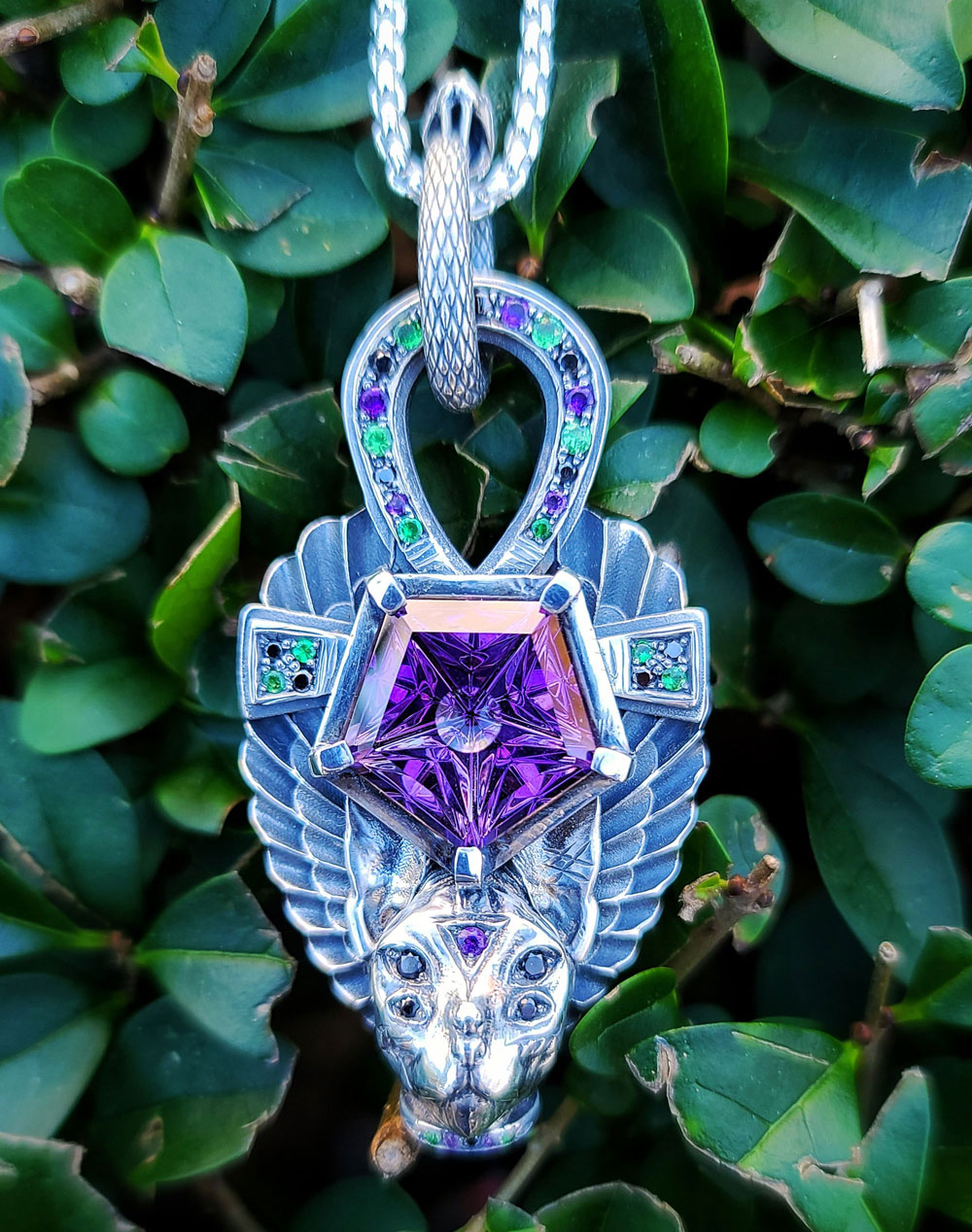 Egyptian Cat – Ouroboros Custom Design in Silver with Amethyst Tsavorite Garnet and Black Diamonds by Steven Tyler The Designer
