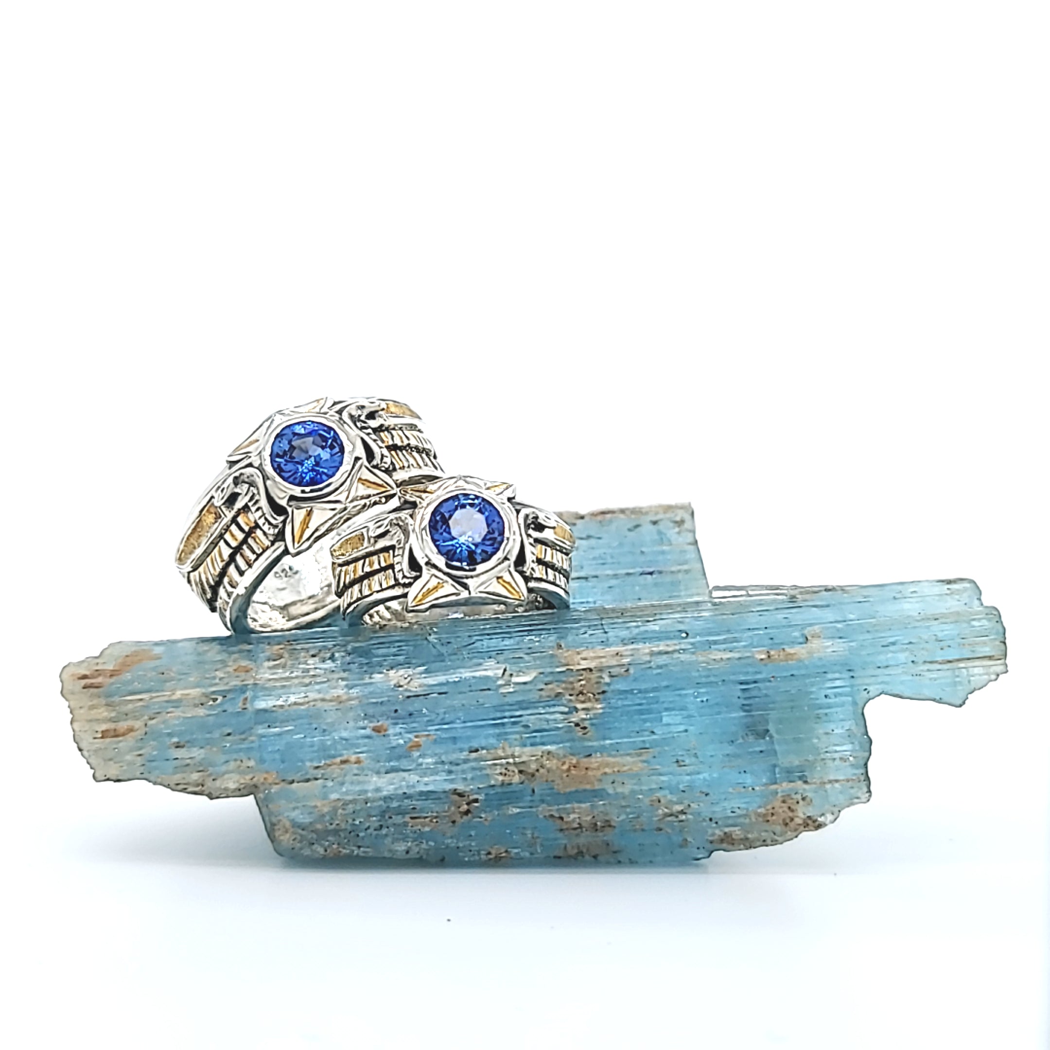 Egyptian Sapphire His and Hers Ring Set – Sterling Silver with 24kt Yellow Gold Inlay