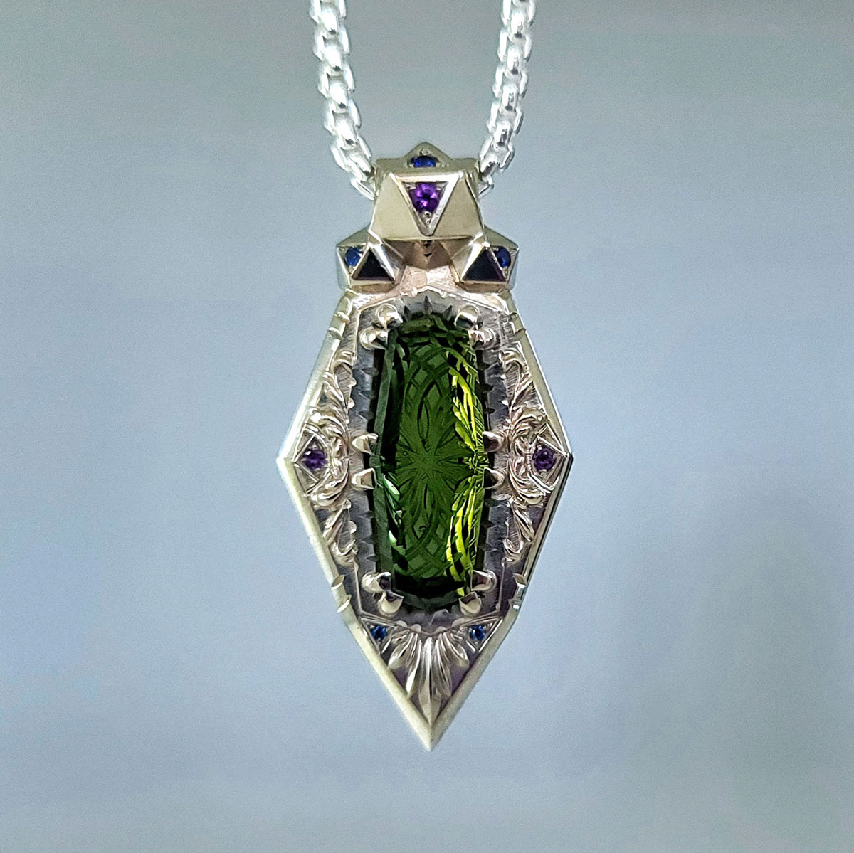 Moldavite and Amethyst Pendant in 14kt White Gold