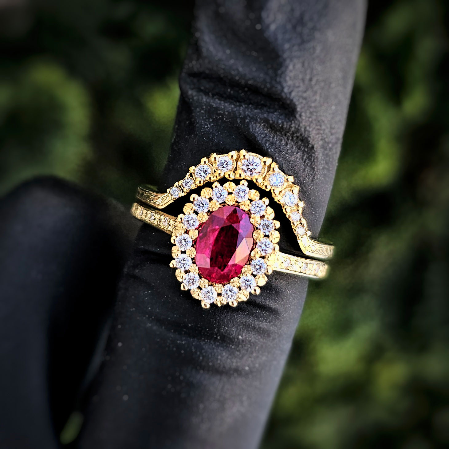 Natural Ruby Ring Set in 18kt Yellow Gold Accented with Diamonds and Matching Band