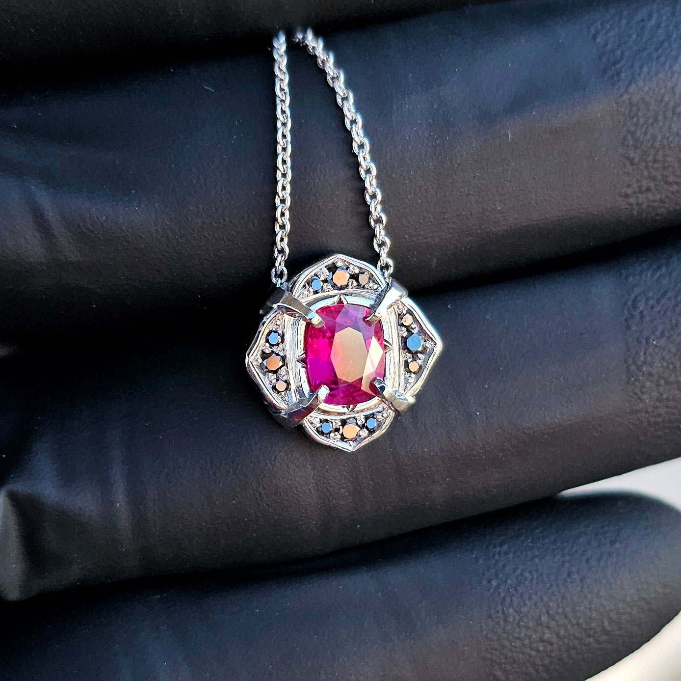 Platinum and Ruby Pendant with Black Diamonds