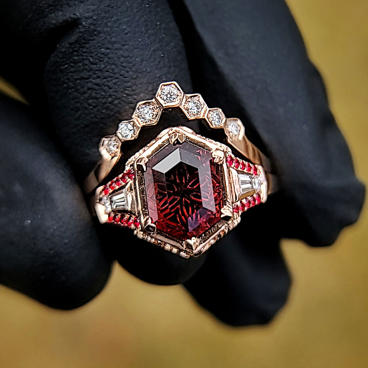 Red Tourmaline Diamonds and Spinel in 14kt Rose Gold Engagement Ring and Shadow Wedding Band.jpeg