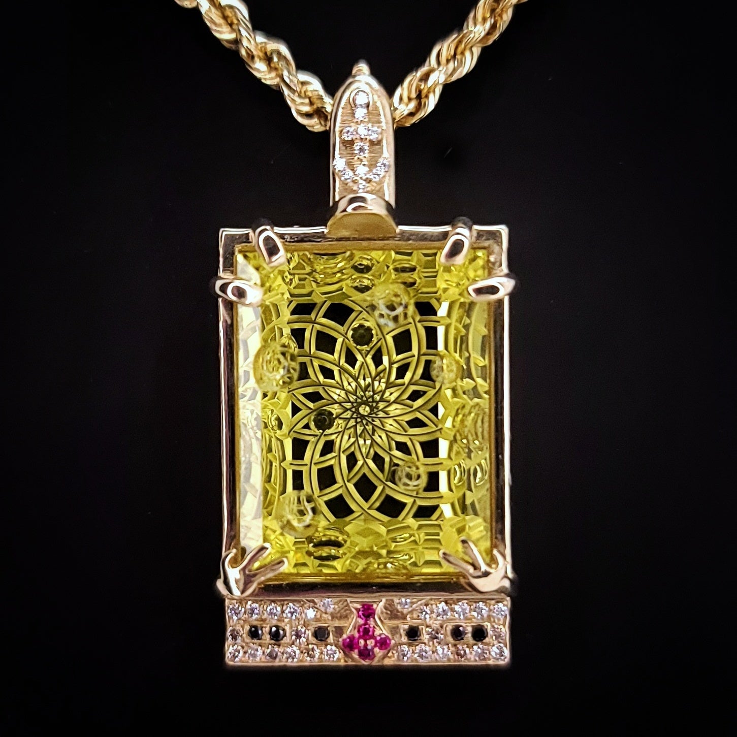 SpongeBob Pendant - Fantasy Cut Lemon Quartz with Diamond and Ruby Accents in 14kt Yellow Gold
