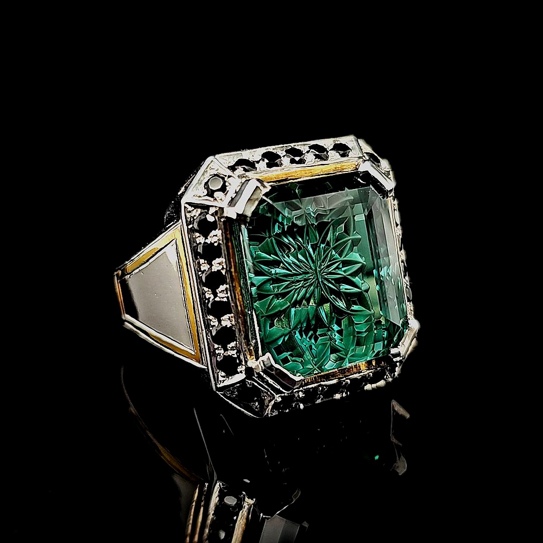 Tourmaline Ring with Black Diamond Accents set in Platinum with 24kt Yellow Gold Inlay Detail