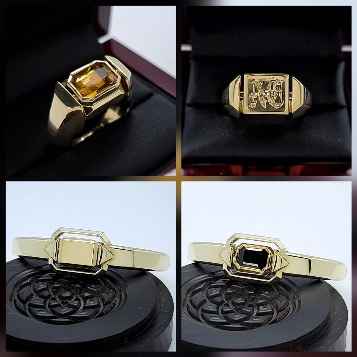 Yellow Gold Spinning Signet Ring and Bracelet Set - Orange Sapphire and Green Tsavorite Garnet – Hand Engraved Initials