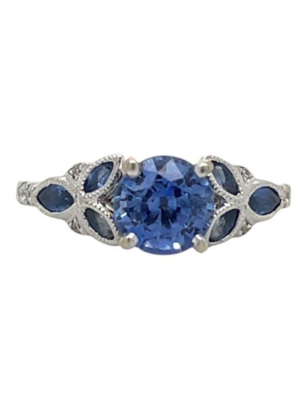 Light Blue Round Sapphire Marquise Melee Ring, Estate Sale