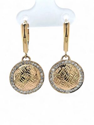 Gold Guilloche Round Dome Drop Earrings with Diamonds