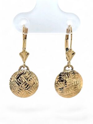 Gold Guilloche Round Dome Drop Earrings